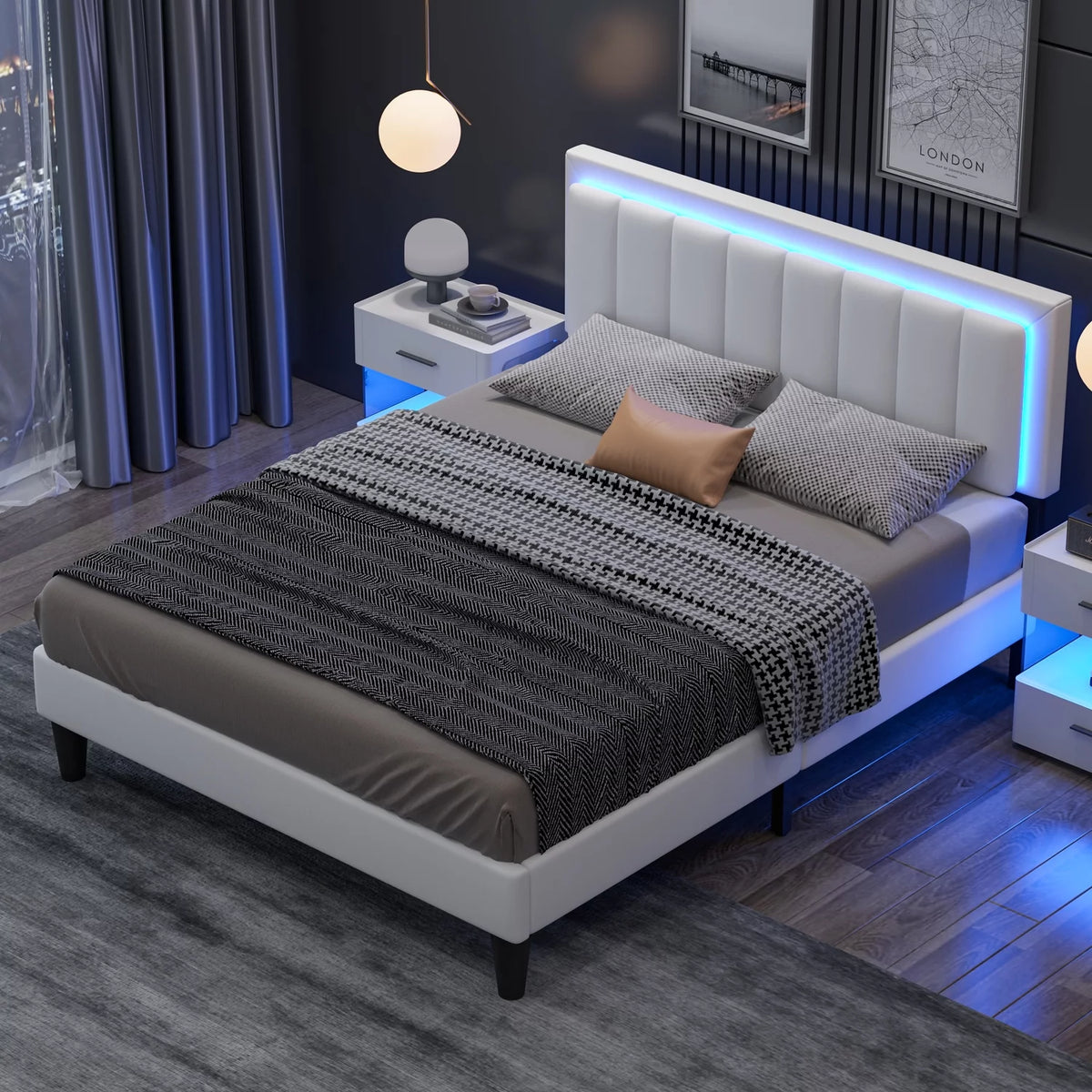 Full Size Led Upholstered Platform Bed Frame with PU Faux Leather Headboard I100