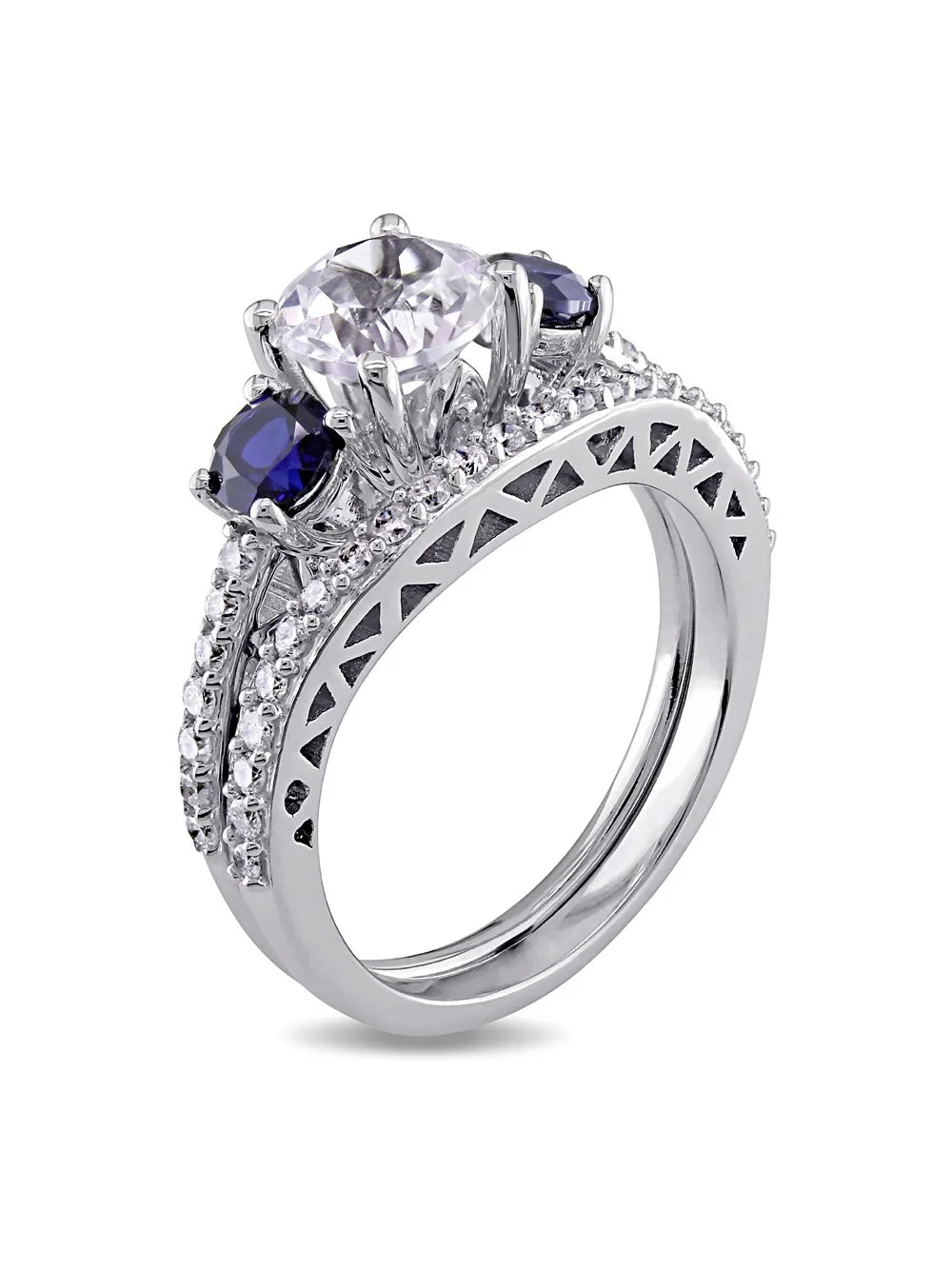 Created White & Created Blue Sapphire 2 Carat (Ctw) with Diamond 1/3 Carat (Ctw) Engagement Ring and Bridal Wedding Set 10K White Gold B5255