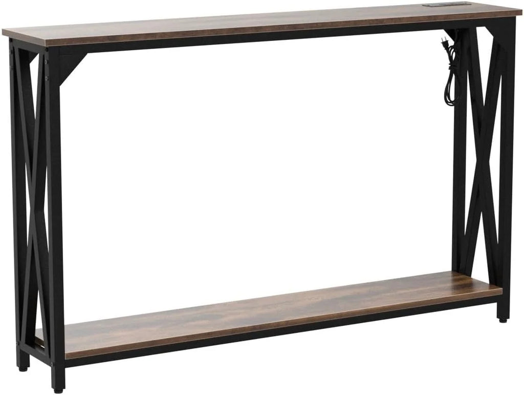 2 Tiers Console Sofa Table with Power Outlet and Open Storage Shelf A266