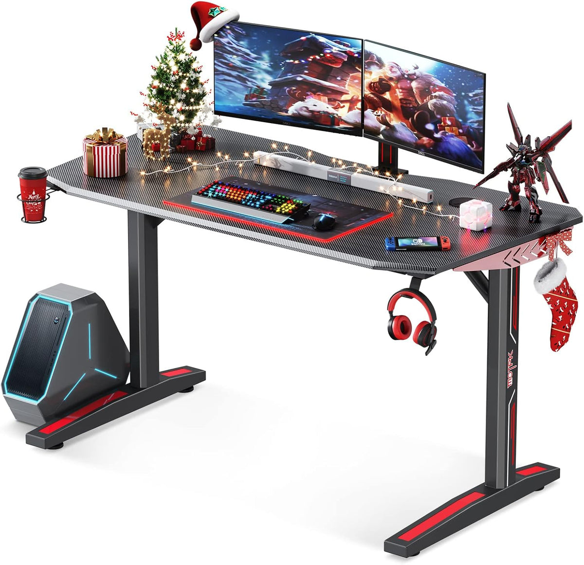 Black Carbon Fiber 47 Inch Gaming Desk with Cup Holder Rack and Headphone Hook L92442