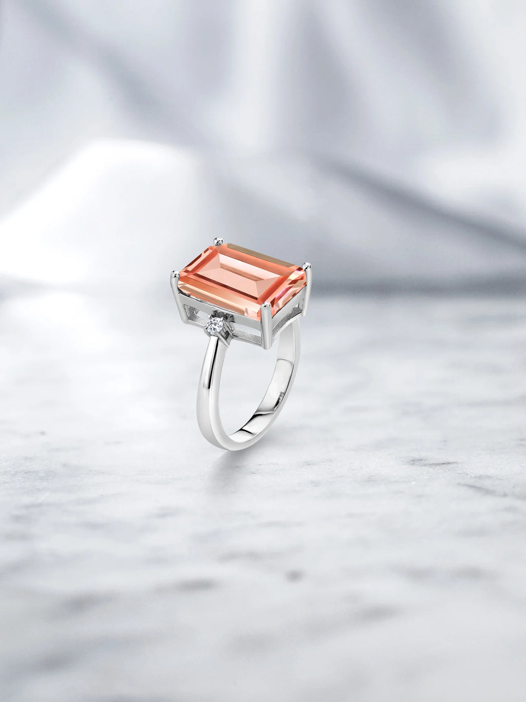 925 Sterling Silver Peach Nano Morganite and White Topaz Ring F689