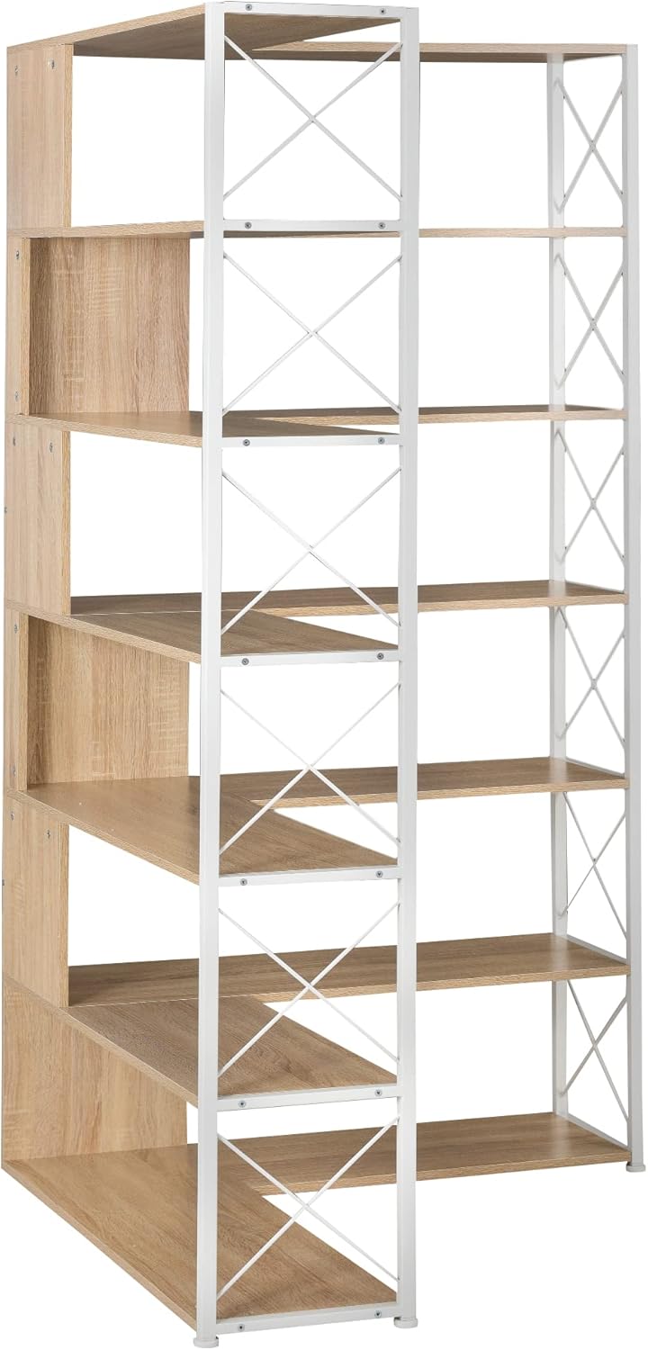 7-Tier L-Shaped Corner Bookcase with Metal Frame, Oak H59688