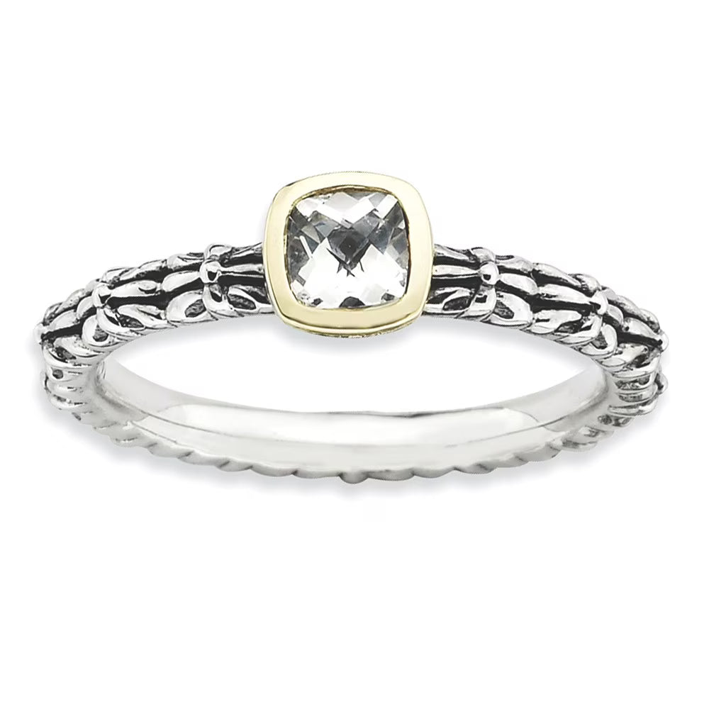 925 Sterling Silver & 14kt White Topaz Ring Size 8 H9179