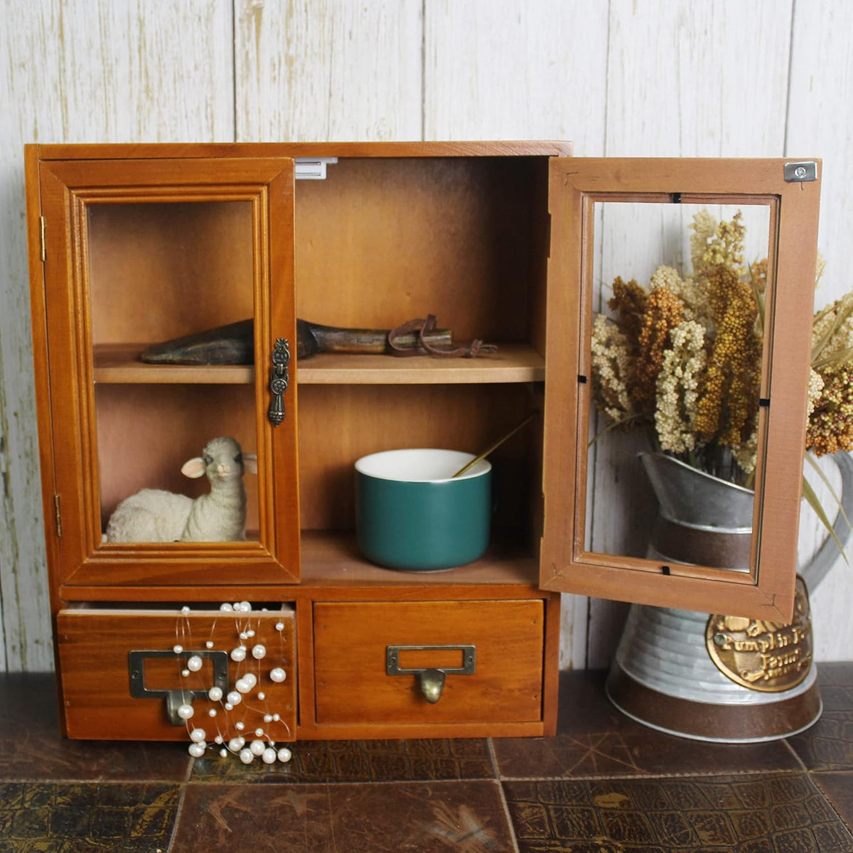Wooden Storage Cabinet with Glass Double Doors and Adjustable Shelf G105