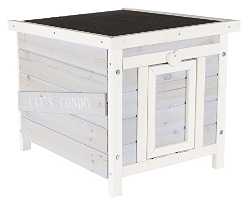 Gray & White Fir Wood Outdoor Cat House with Raised Floor and Hinged Asphalt Roof X8025