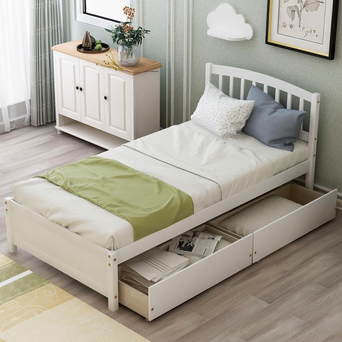 White 79.5x41.8x37.4 inches Platform Double Bed Frame with Two Drawers and Headboard P29861