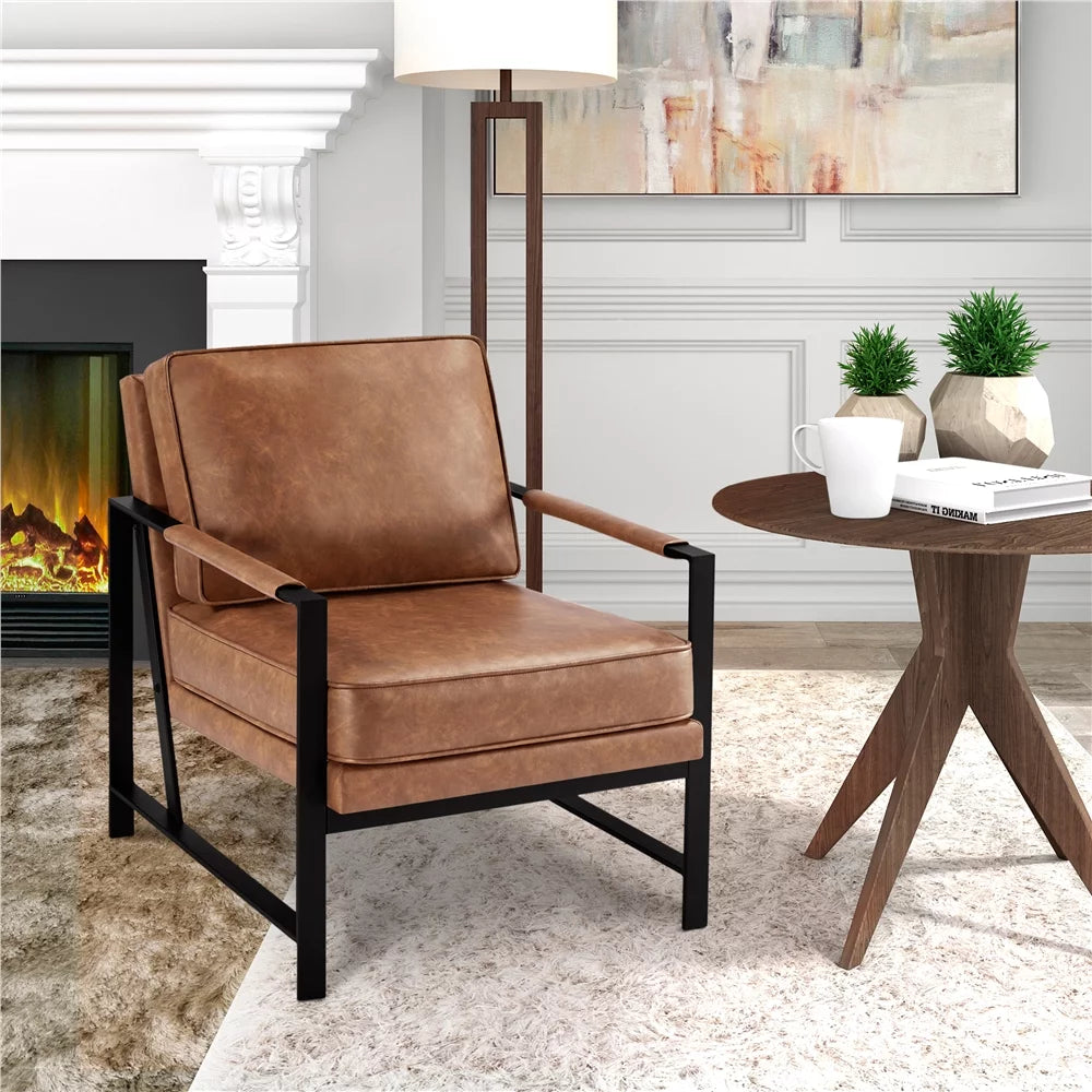 Light Brown Faux Leather Accent Chair with Metal Frame P936