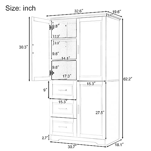 White 3 Door Tall Storage Cabinet with Adjustable Shelves and 3 Drawers Q7736