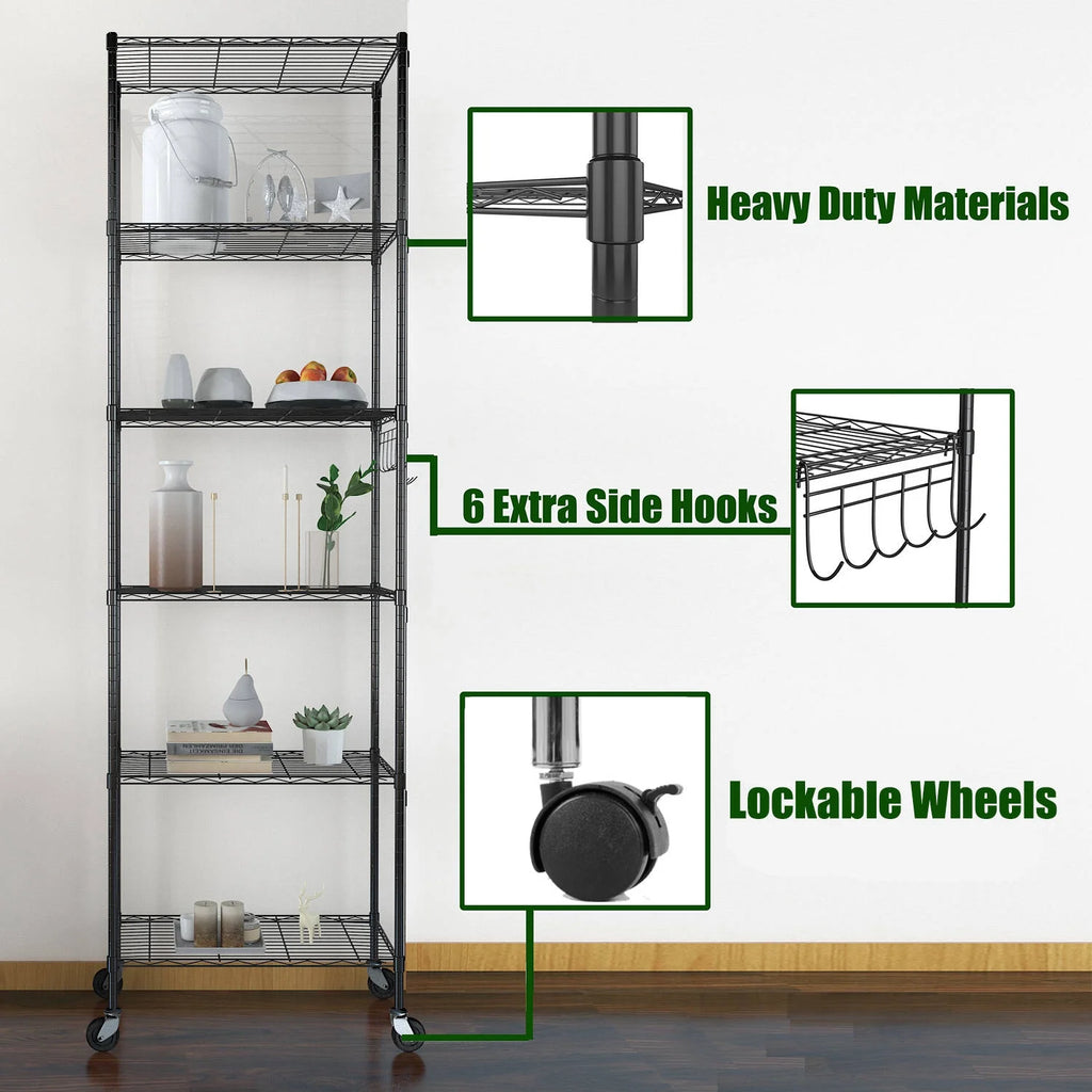 6 Shelves Wire Metal Heavy Duty Shelving Rack with Wheel, Silver B4209