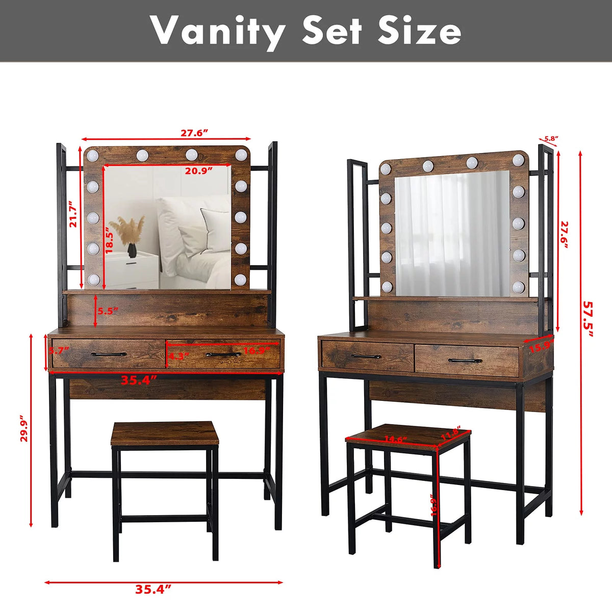 Rustic Vanity Set with Adjustable Lights, 3 Drawers, Brown T8313