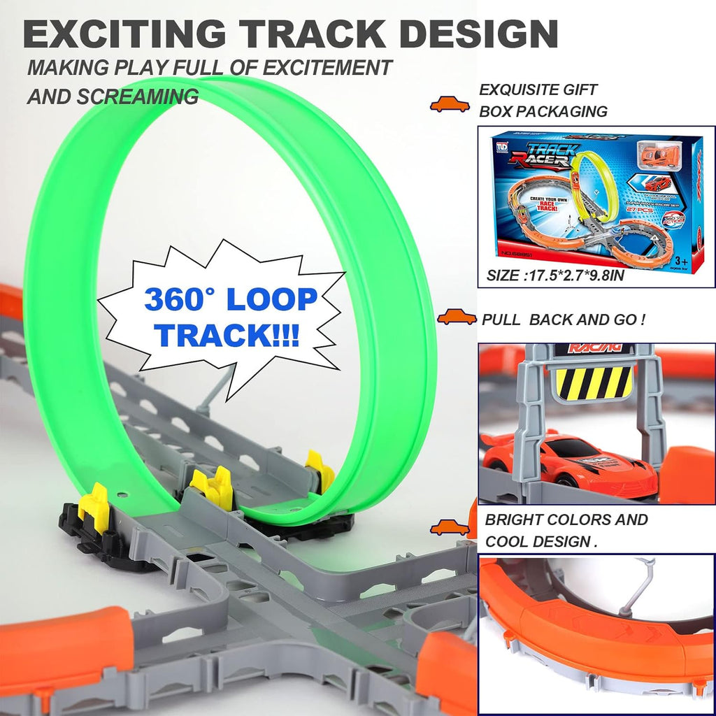 27 Pcs Race Car Track Set with 2 High Speed Cars, 360° Loop X-Type Crossing Track Z877