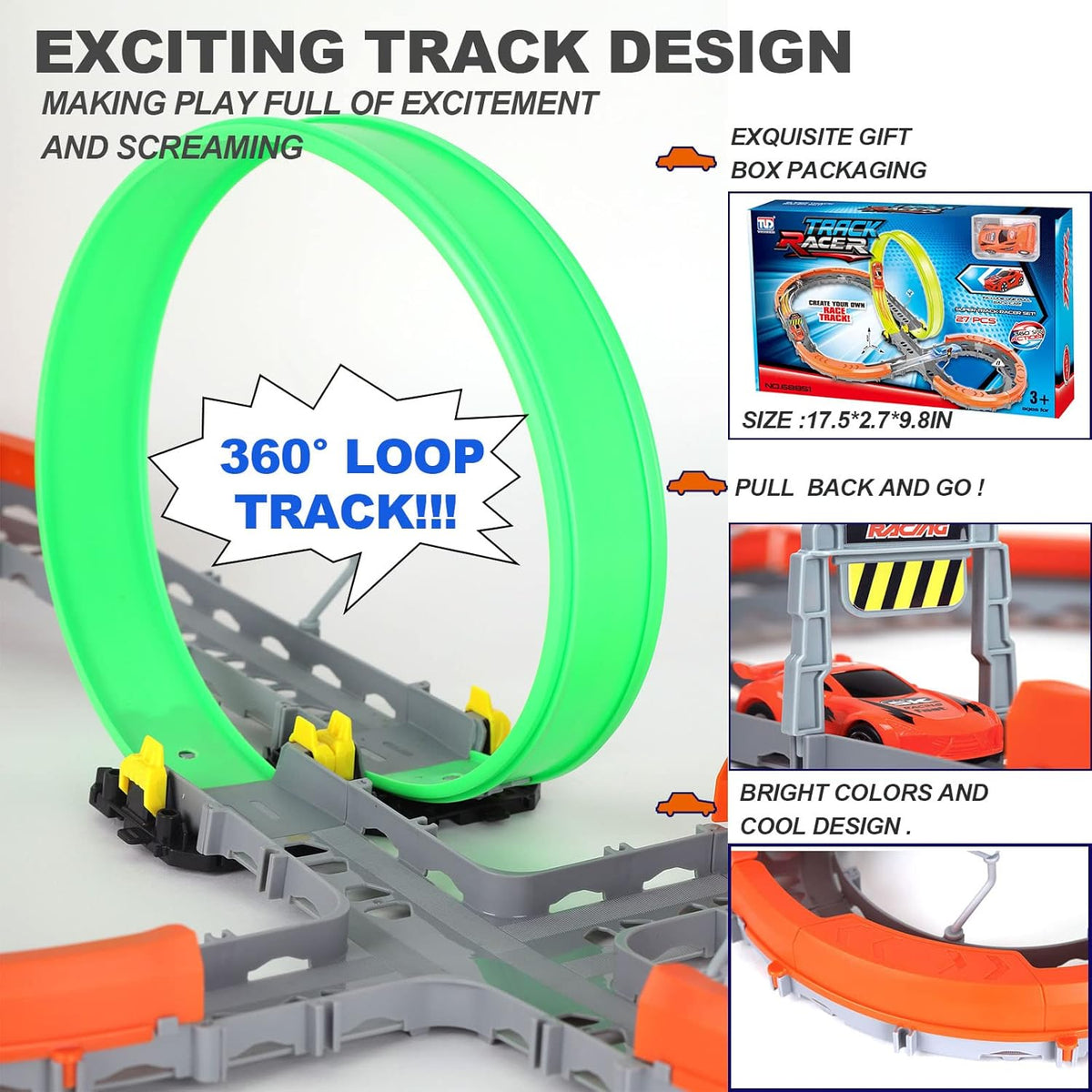 27 Pcs Race Car Track Set with 2 High Speed Cars, 360° Loop X-Type Crossing Track Z877