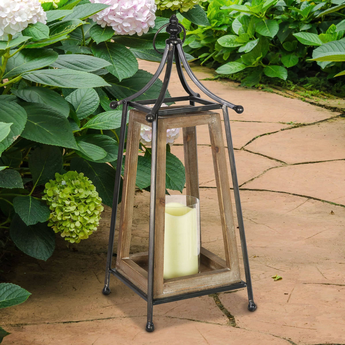 Antiqued Wood and Metal Tented Candle Lantern with LED Candle, 20.5 Inches, Natural, Beige Q8054