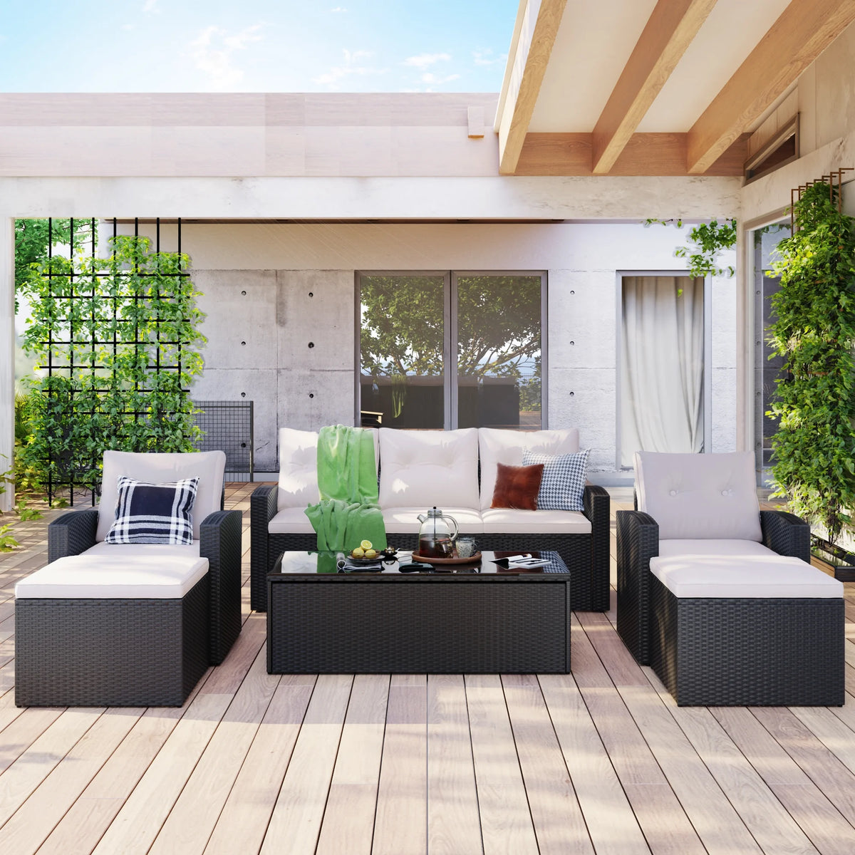 6-piece PE rattan Patio Sectional Set with coffee table, ottomans, removable cushions Y7617