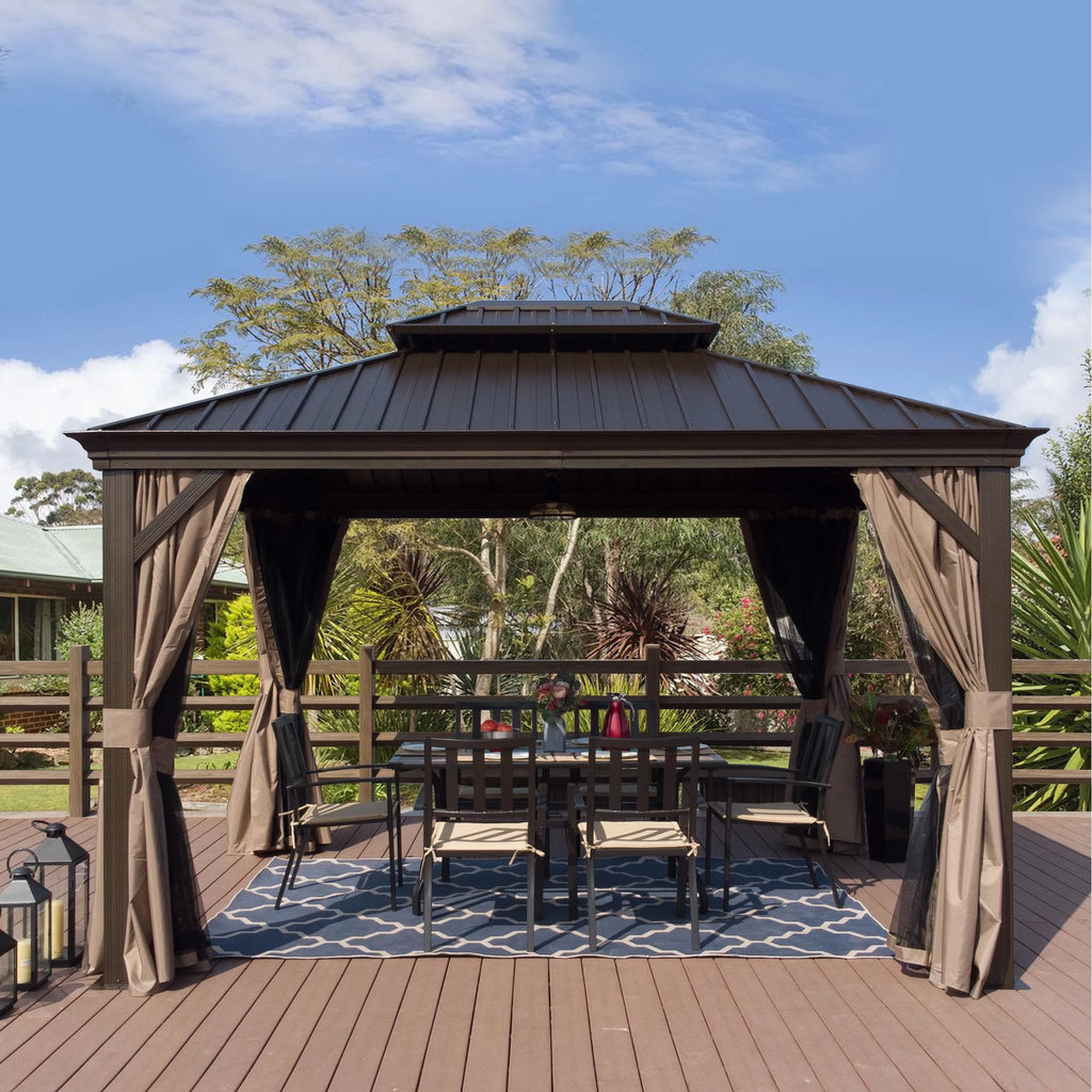 Hardtop Aluminum Gazebo with Mosquito Net and Privacy Curtain Grey 10' x 12' V589