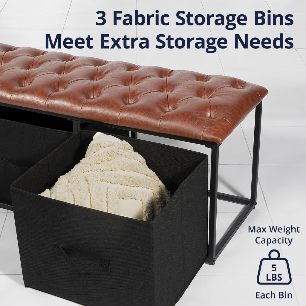 Brown Button Tufted Faux Leather Storage Bench R201