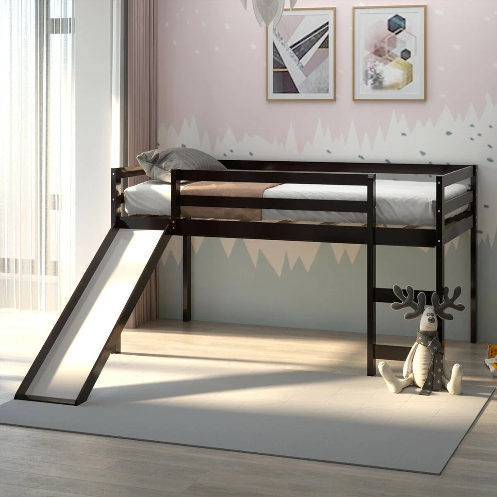 White Twin Size Wood Loft Bed with Slide Q6341