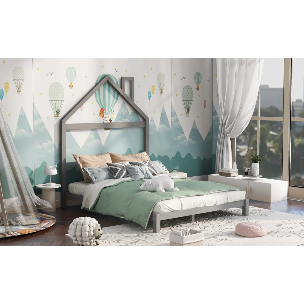Full Size Gray Wood Platform Bed with House-shaped Headboard O89525