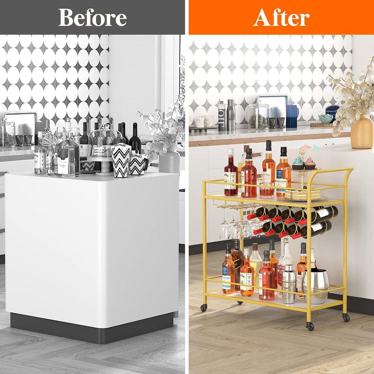2 Tier Bar Cart with 9 Wine Bottle Racks D824430