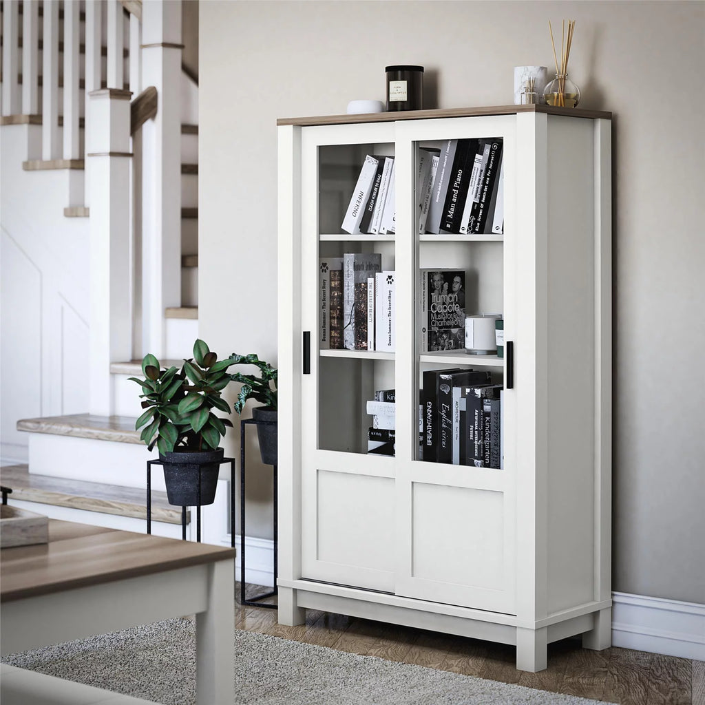White Bookcase Cabinet with Sliding Glass Doors L2507
