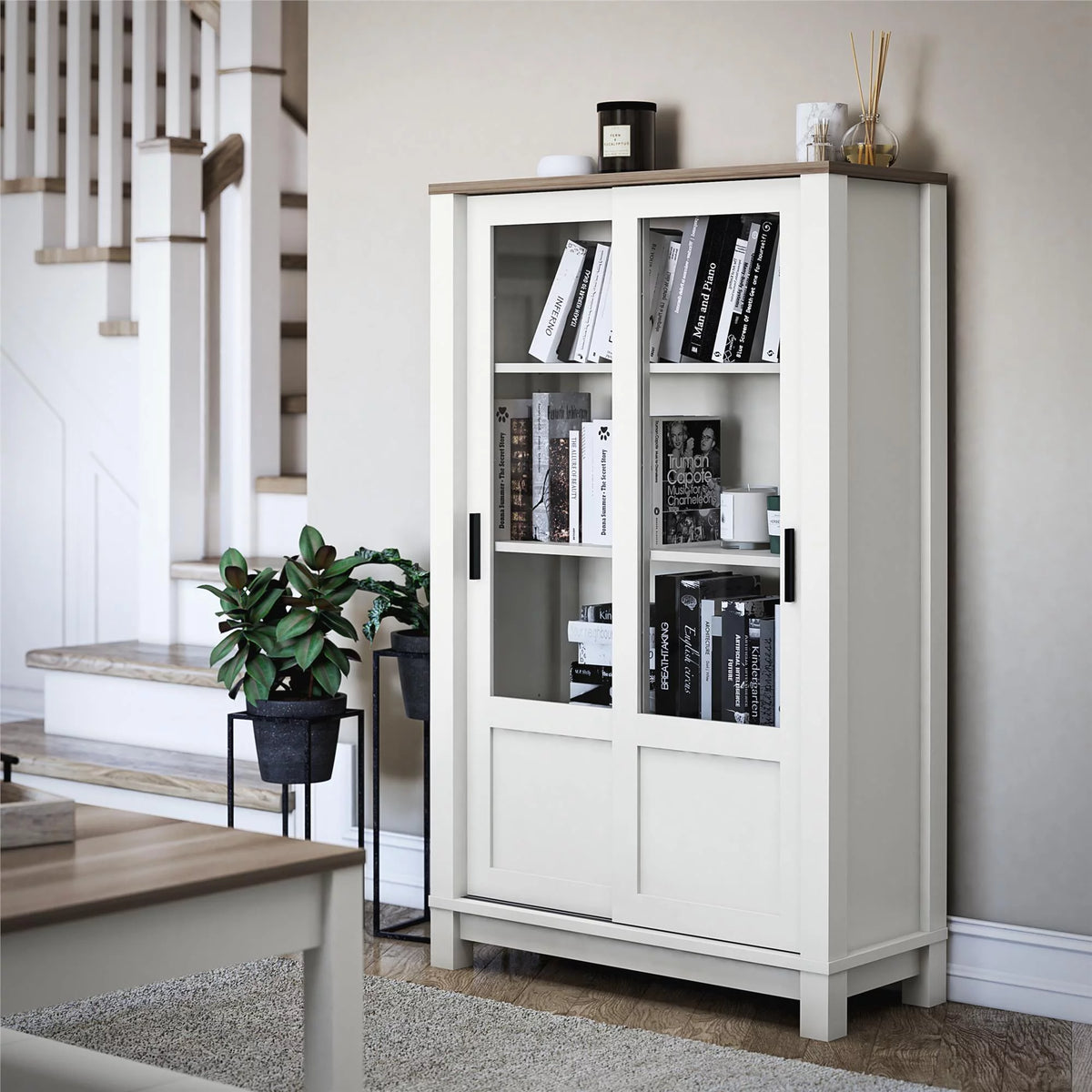 White Bookcase Cabinet with Sliding Glass Doors L2507