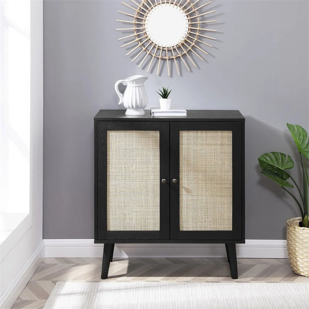 Black Solid Wood and Rattan Accent Cabinet X16219