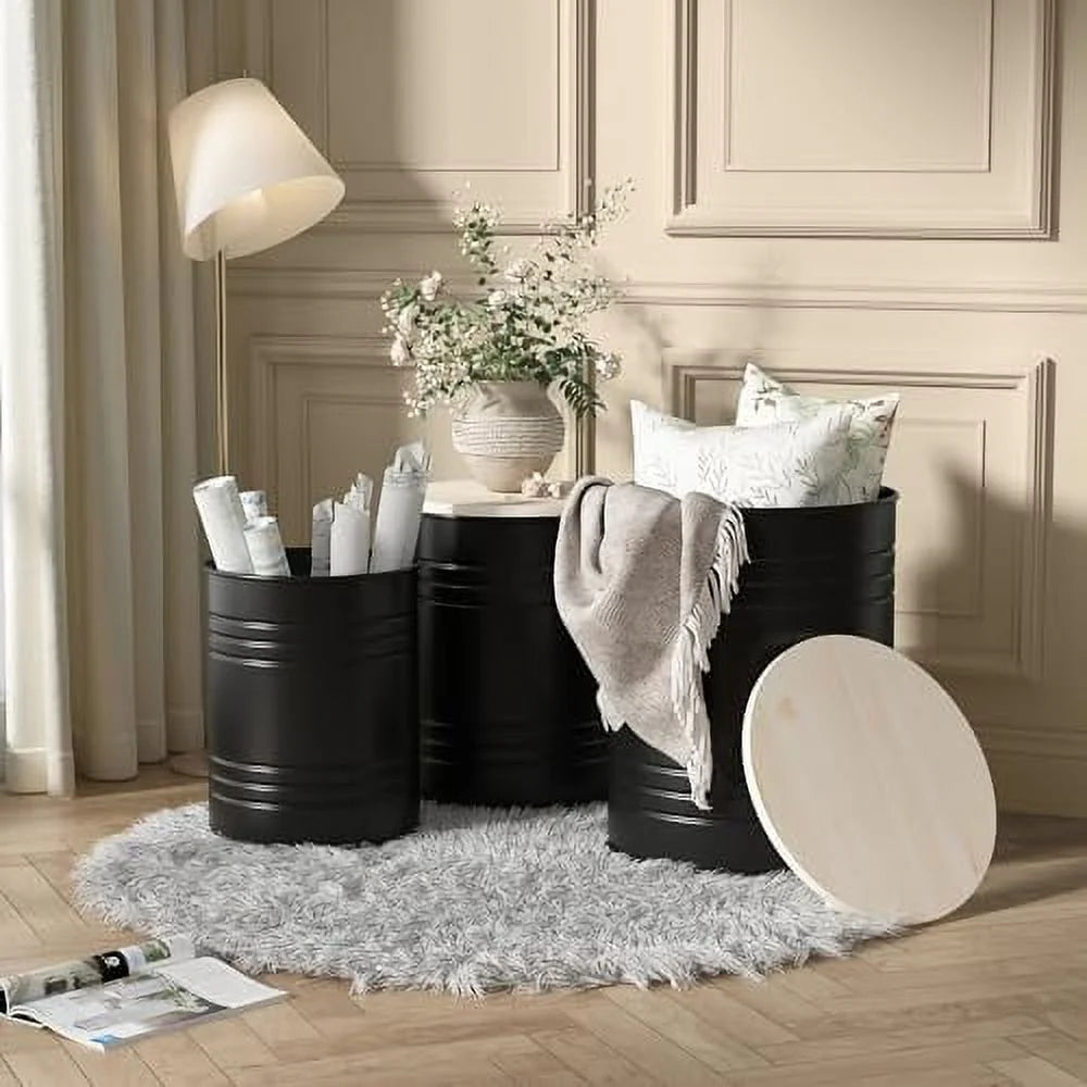Set of 3 Galvanized Metal Side Table with Wood Lid A4768