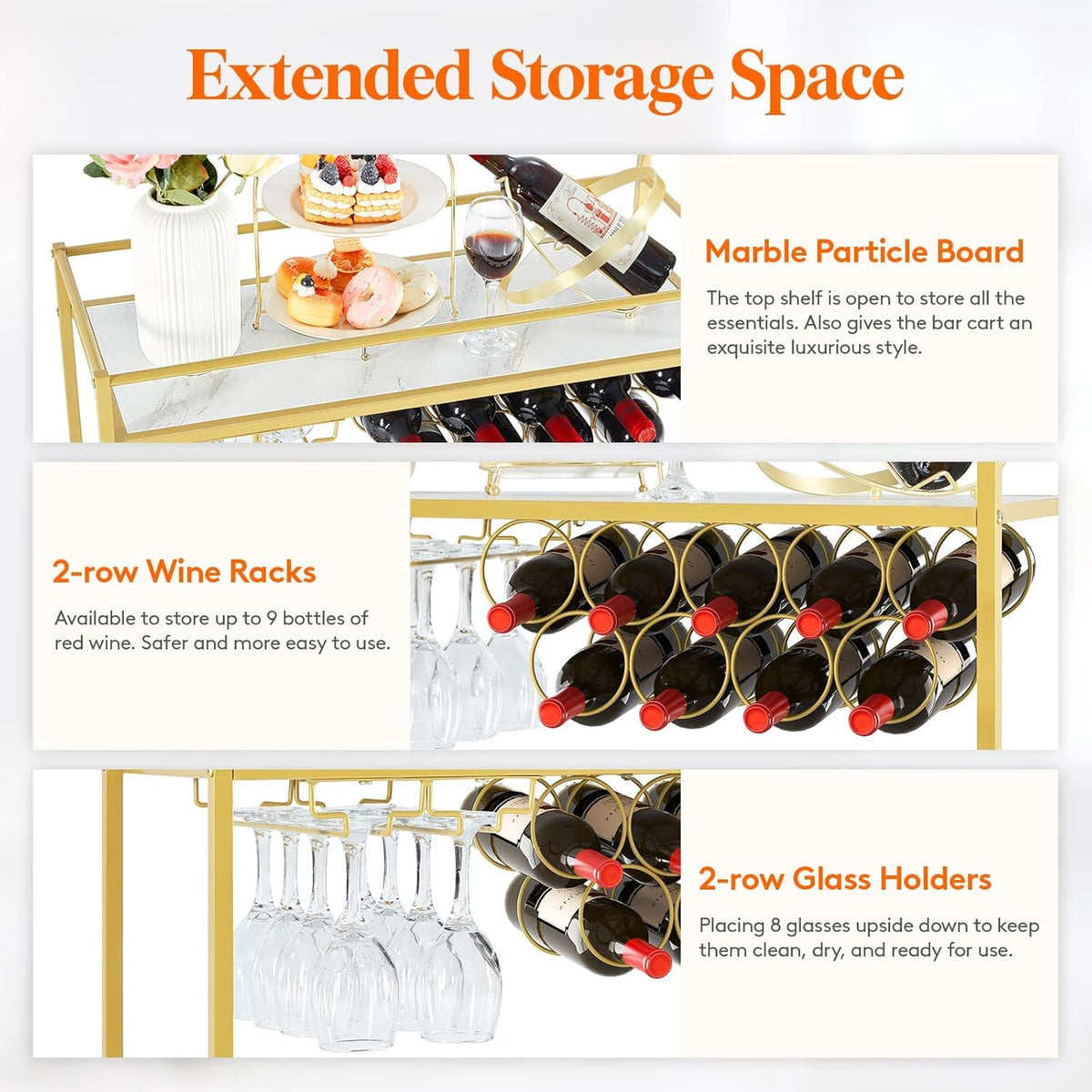 2 Tier Bar Cart with 9 Wine Bottle Racks D824430