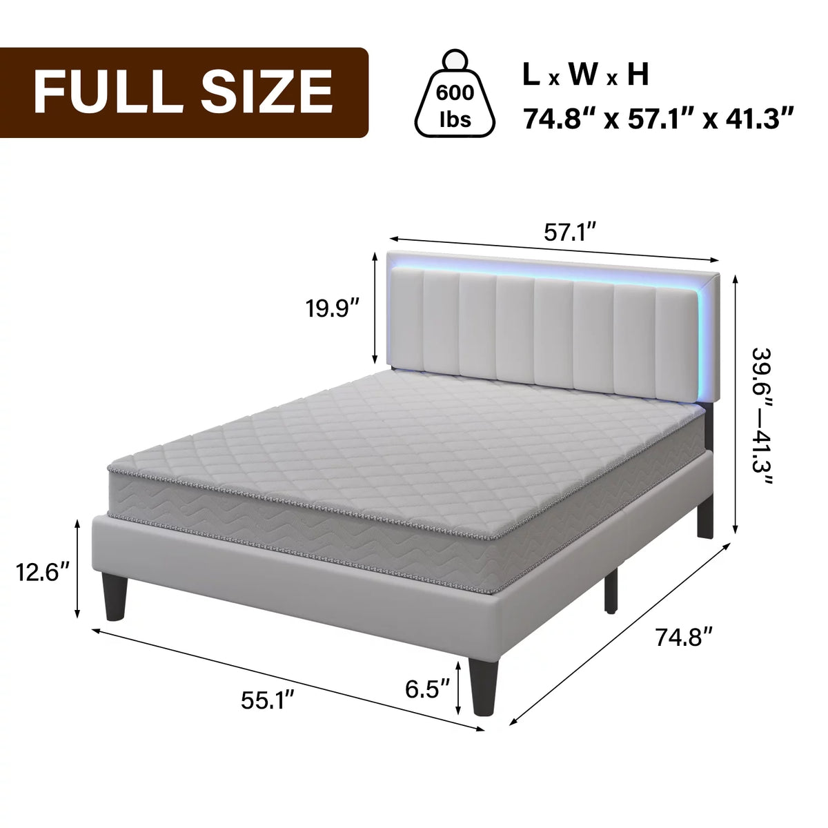 Full Size Led Upholstered Platform Bed Frame with PU Faux Leather Headboard I100