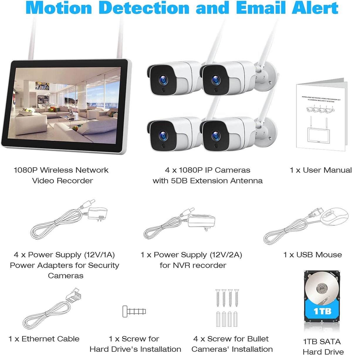 1080P Wireless Security Camera System with 1TB Hard Drive & 12 Monitor, 8CH NVR, 4pcs 2.0MP Outdoor IP Cameras T1854