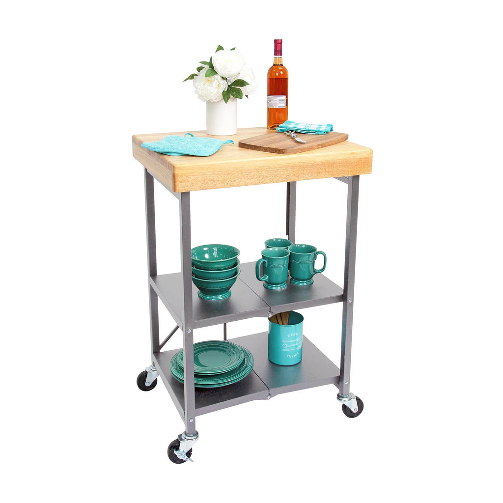 Foldable Wheeled Solid Wood Top Kitchen Island Bar Cart W839