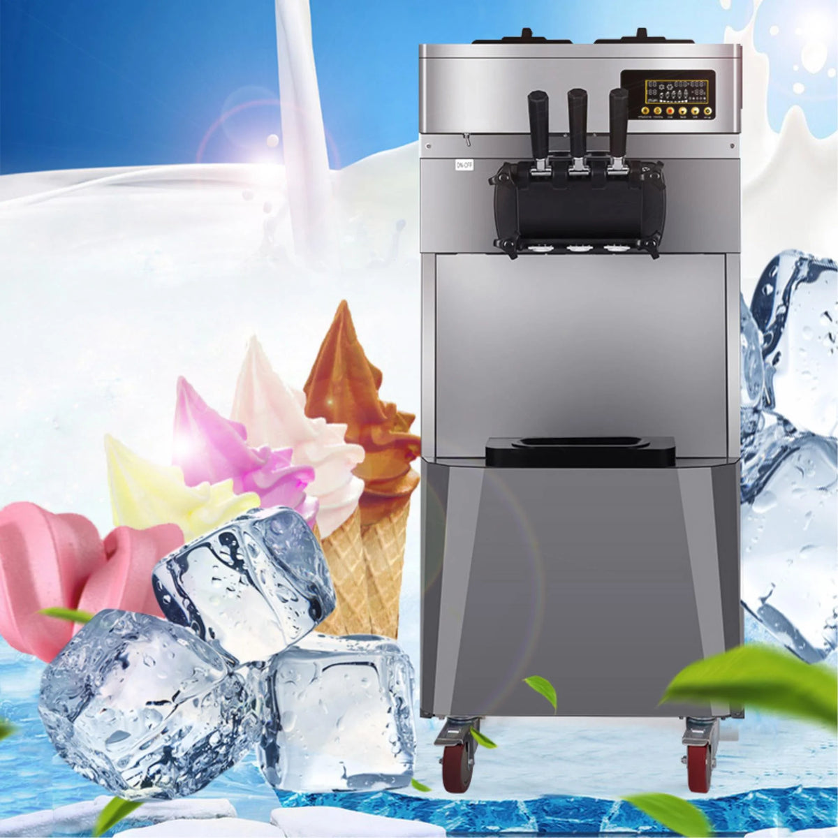 Commercial Three Flavors Ice Cream Maker with Stainless Steel Stand A354