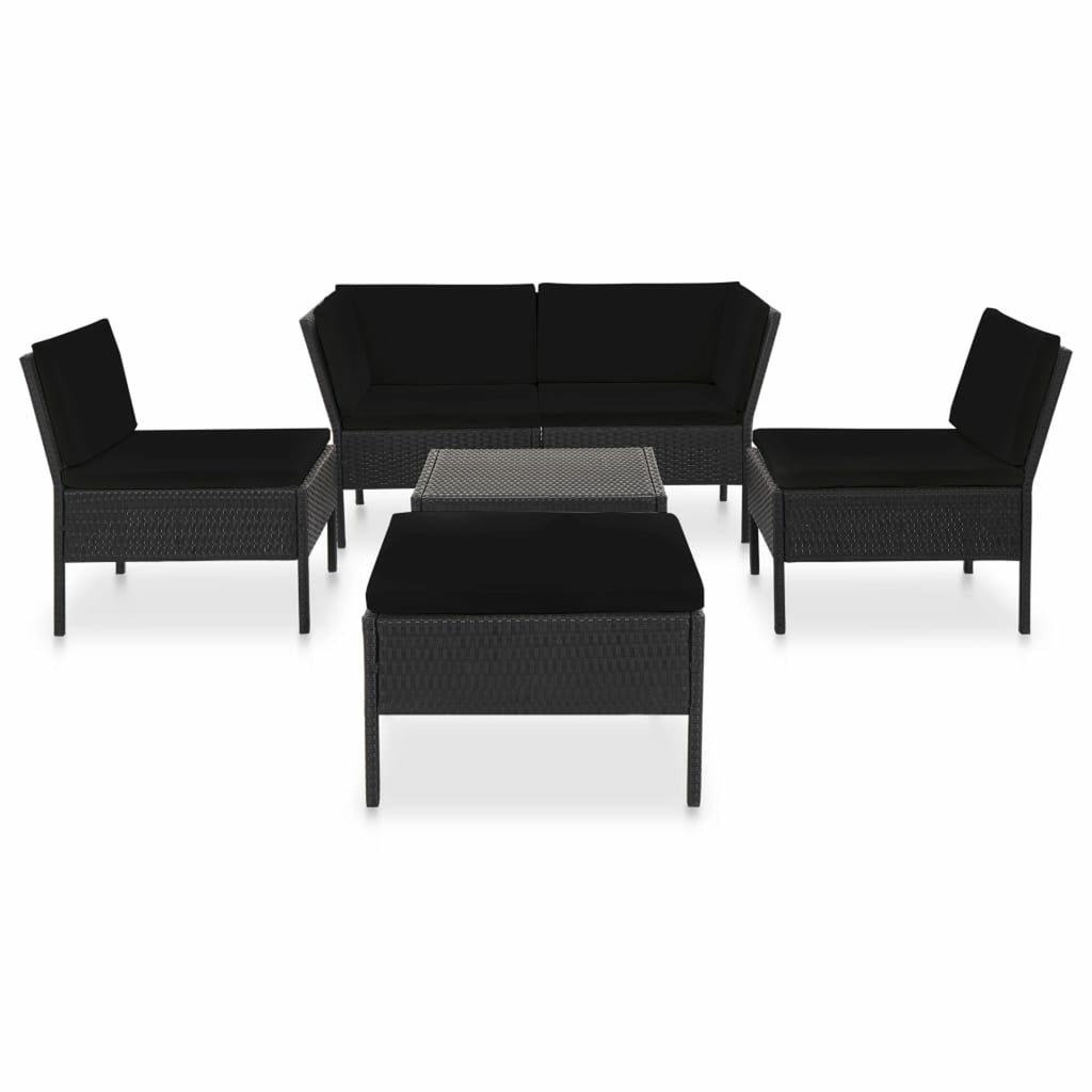 6 Piece Outdoor Conversation Set with 2 Corner 2 Middle Sofas Coffee Table Ottoman Black Poly Rattan Patio Sectional Set F788