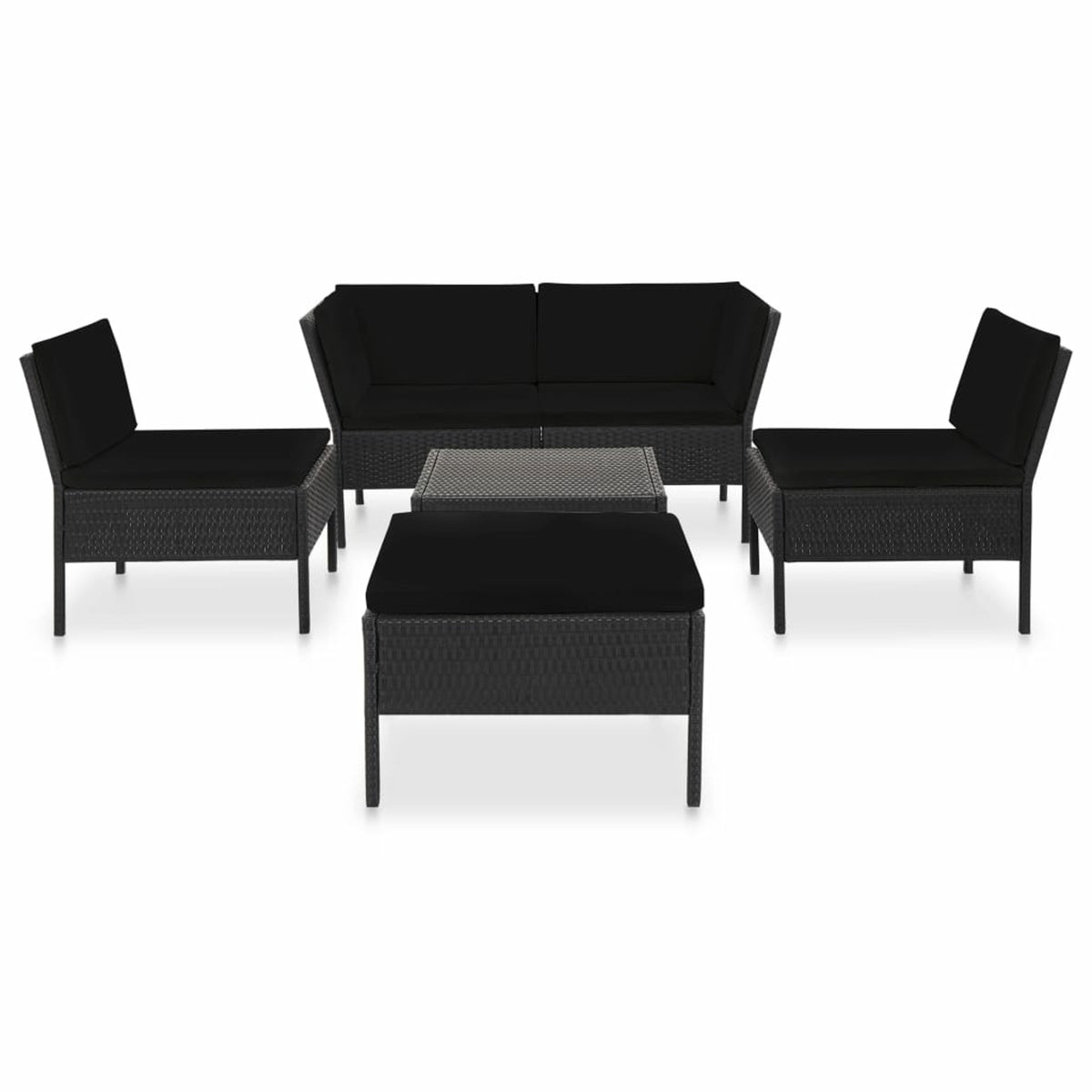 6 Piece Outdoor Conversation Set with 2 Corner 2 Middle Sofas Coffee Table Ottoman Black Poly Rattan Patio Sectional Set F788