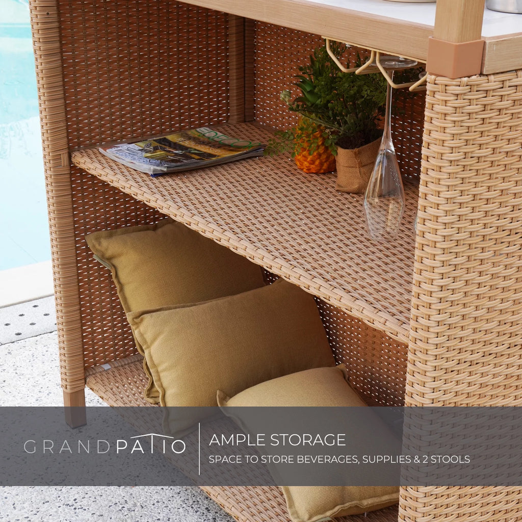 Outdoor 3 Piece All Weather Resin Wicker Steel Tiki Bar and 2 Stools with Ceramic Top & Storage X8179