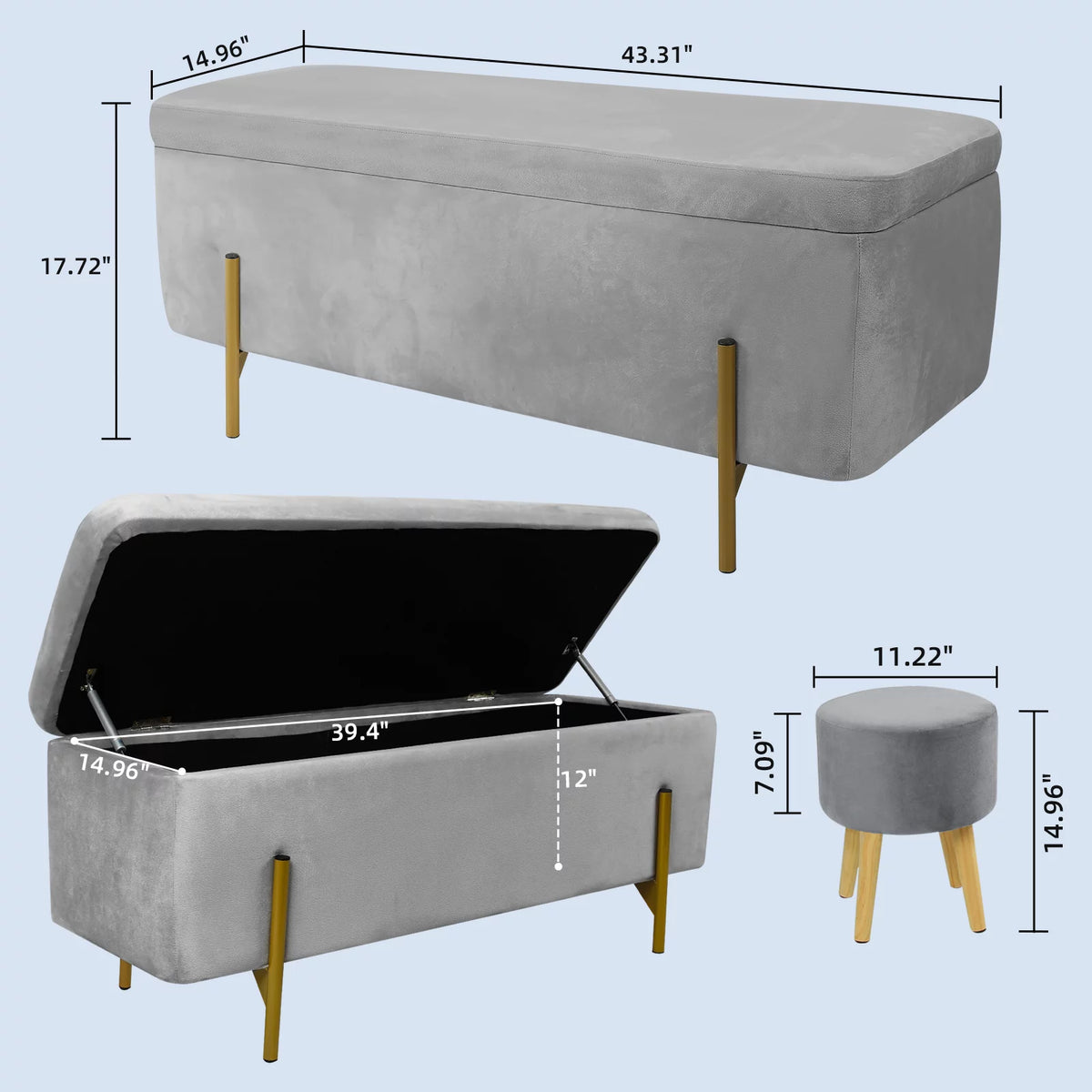 Velvet Storage Ottoman Bench with 3 Footstools C340710