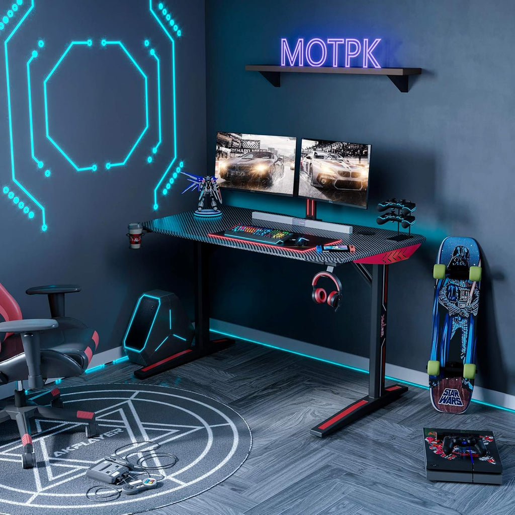 Black Carbon Fiber 47 Inch Gaming Desk with Cup Holder Rack and Headphone Hook L92442