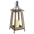 Antiqued Wood and Metal Tented Candle Lantern with LED Candle, 20.5 Inches, Natural, Beige Q8054