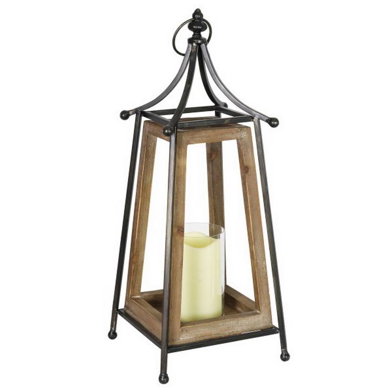 Antiqued Wood and Metal Tented Candle Lantern with LED Candle, 20.5 Inches, Natural, Beige Q8054