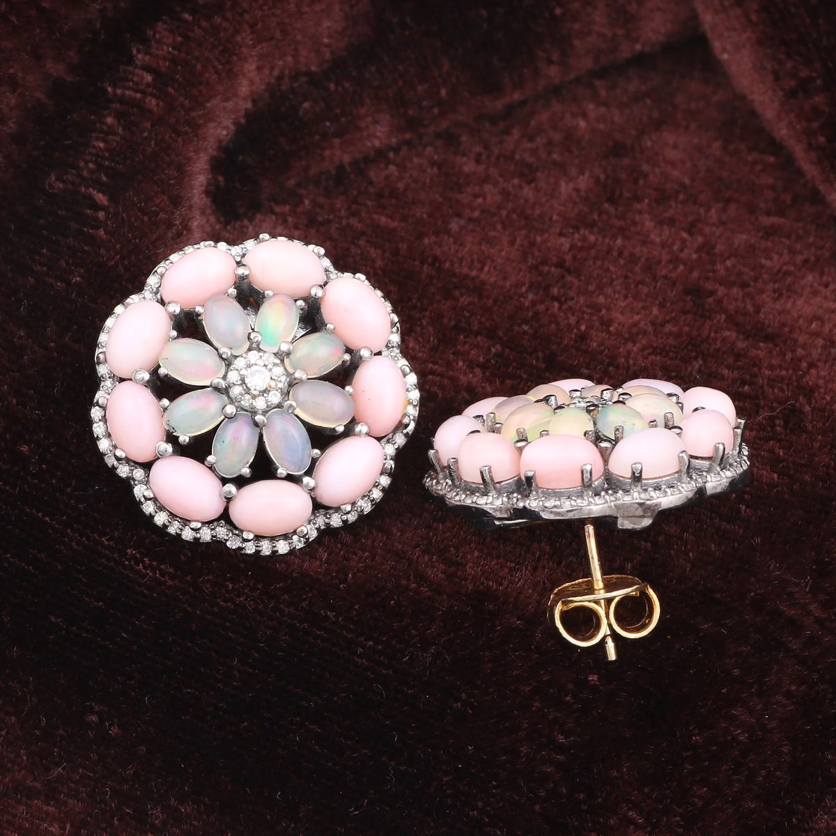 Natural Pink Opal Diamond Gemstone 925 Sterling Silver Earrings N759709