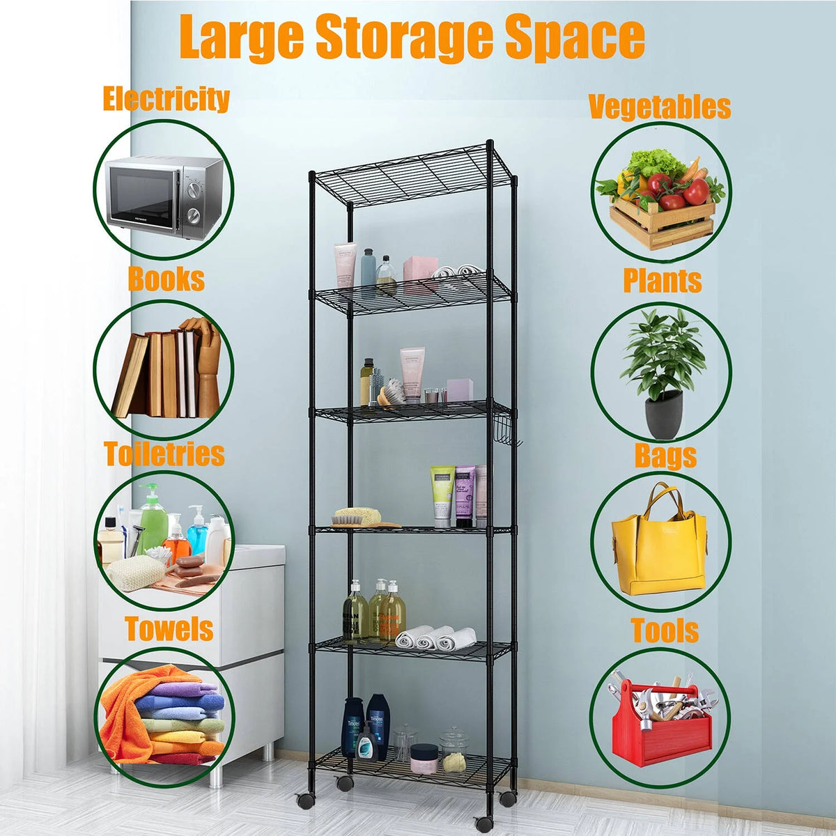6 Shelves Wire Metal Heavy Duty Shelving Rack with Wheel, Silver B4209