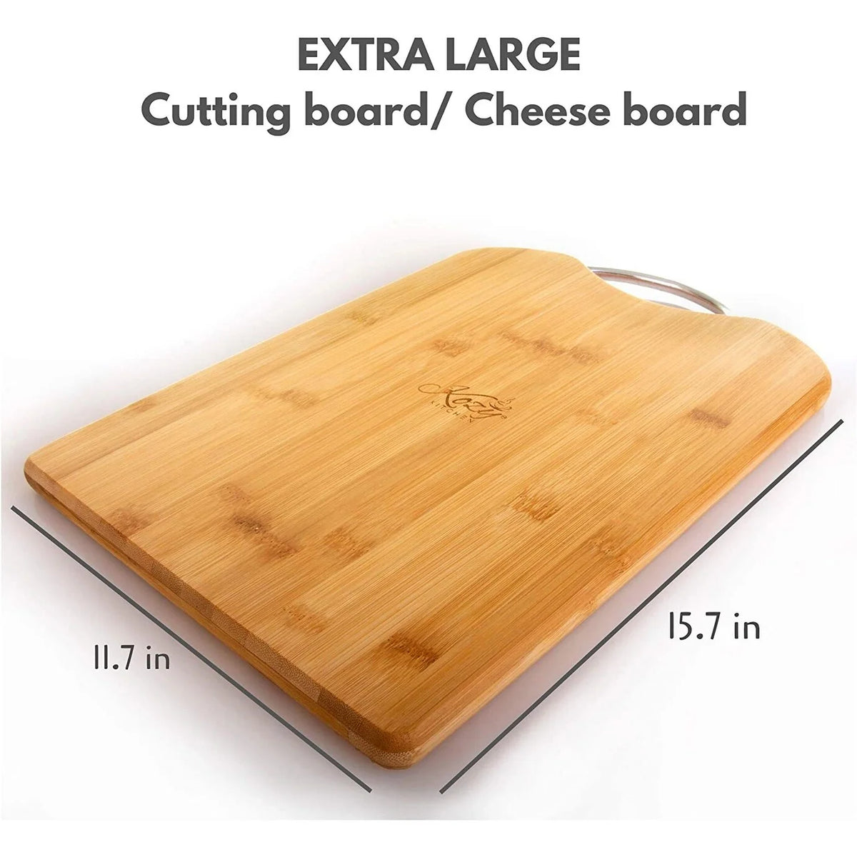 Reversible Organic Bamboo Cutting Board with Stainless Steel Handle E9086