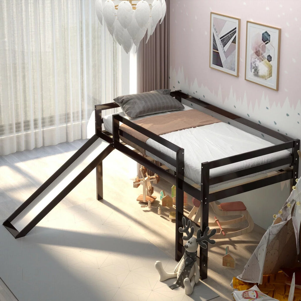 White Twin Size Wood Loft Bed with Slide Q6341