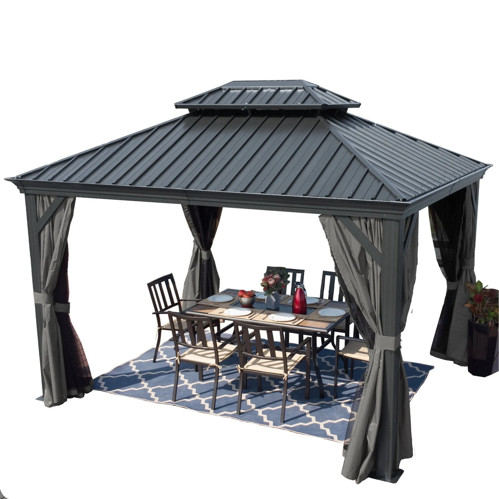 Hardtop Aluminum Gazebo with Mosquito Net and Privacy Curtain Grey 10' x 12' V589