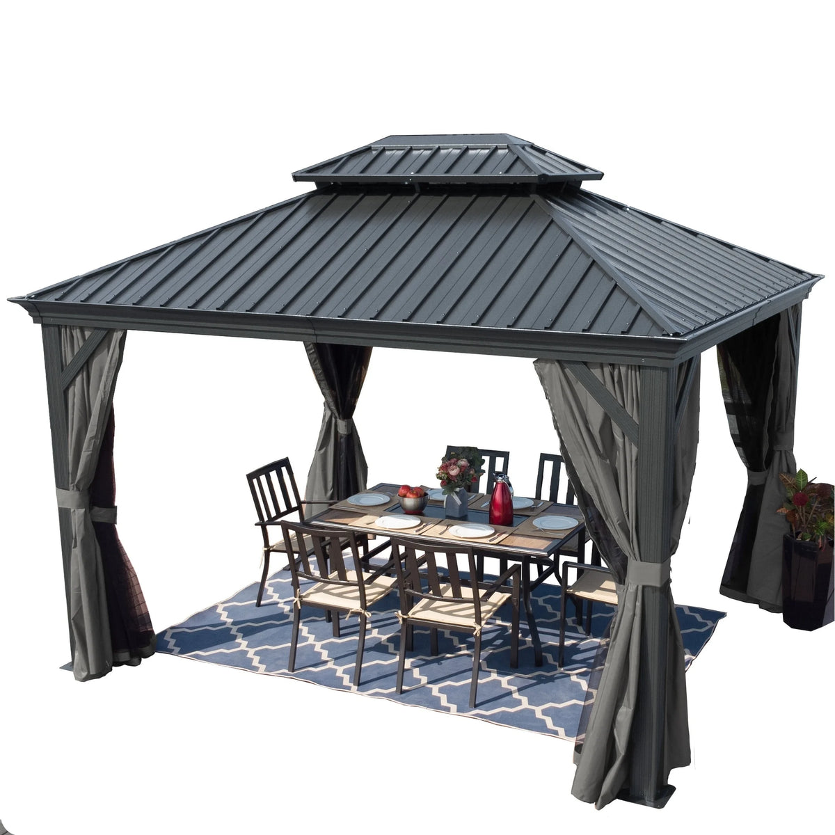 Hardtop Aluminum Gazebo with Mosquito Net and Privacy Curtain Grey 10' x 12' V589