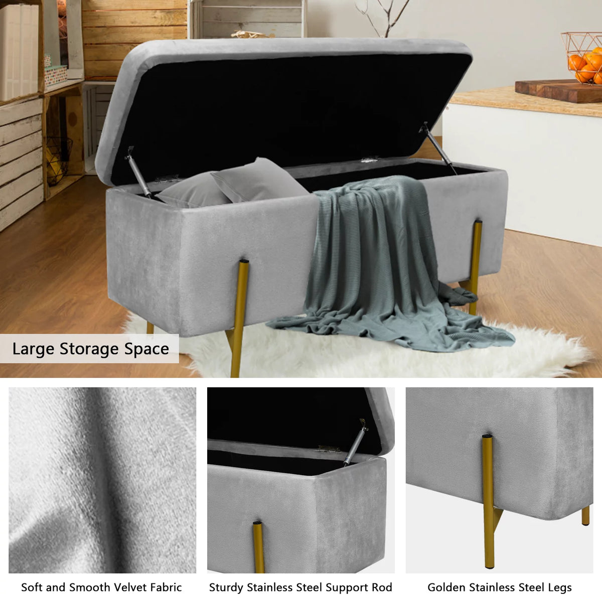 Velvet Storage Ottoman Bench with 3 Footstools C340710