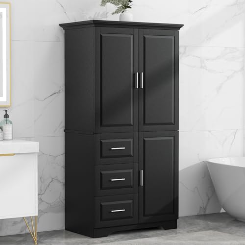 White 3 Door Tall Storage Cabinet with Adjustable Shelves and 3 Drawers Q7736