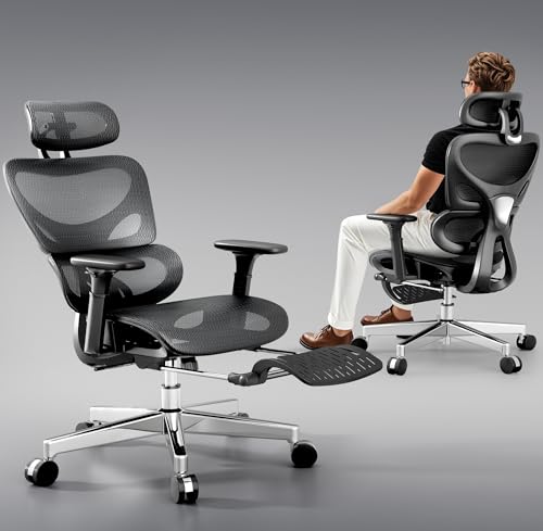 Grey and Black Mesh Ergonomic Office Chair with Footrest W129625