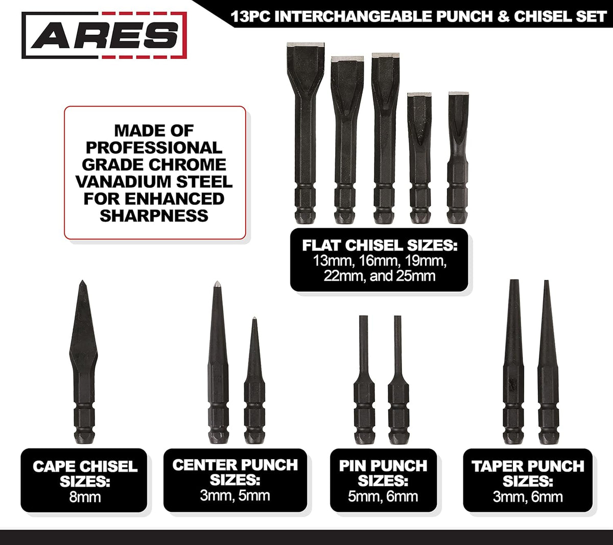 13-Piece Interchangeable Punch and Chisel Set with Chrome Vanadium Steel Handle G508