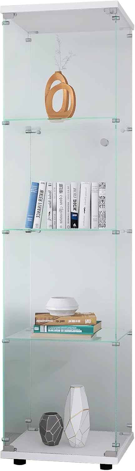 White 4-Shelf Glass Display Cabinet with Door and Lock E57146